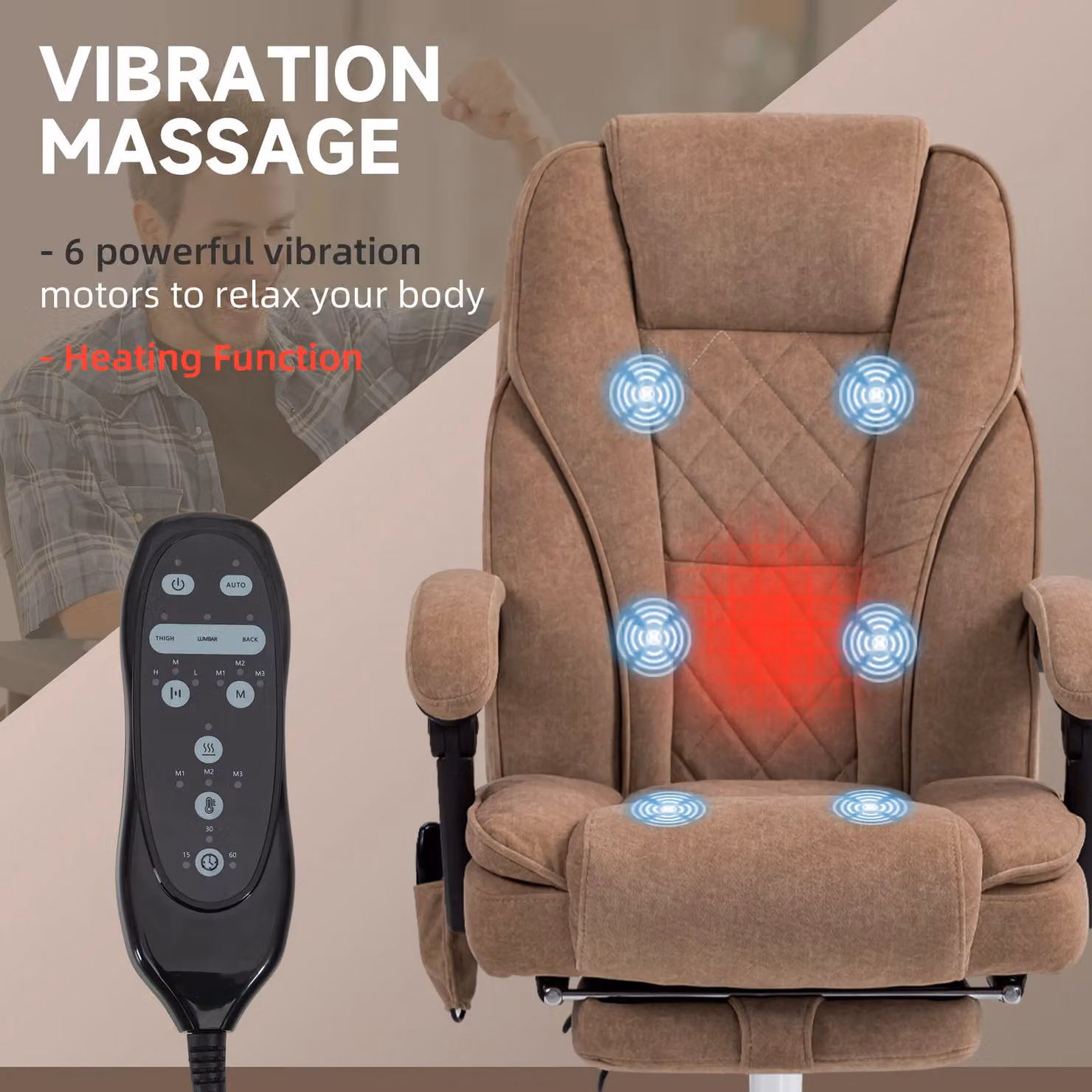 VINSETTO Brown Fabric Executive Massage Office Chair with Heating and Headrest – 3