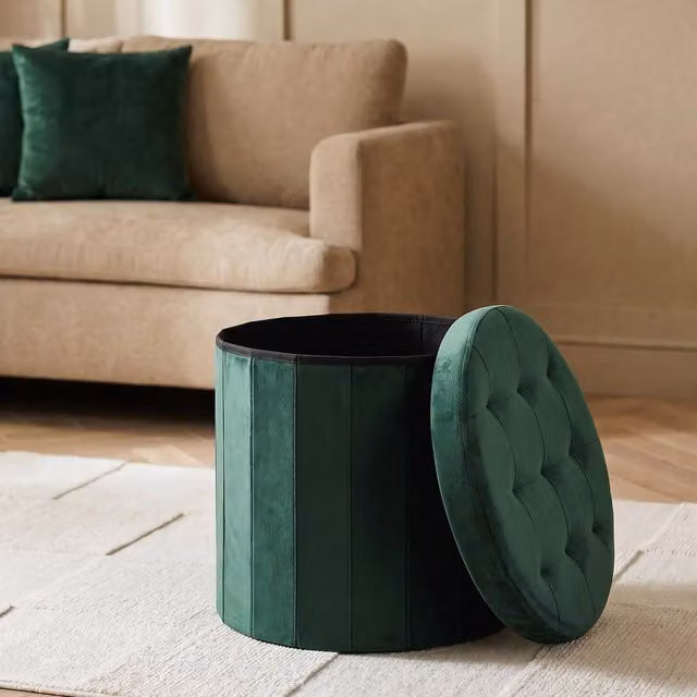 OHS Matte Velvet Round Ottoman Storage Stool in Green