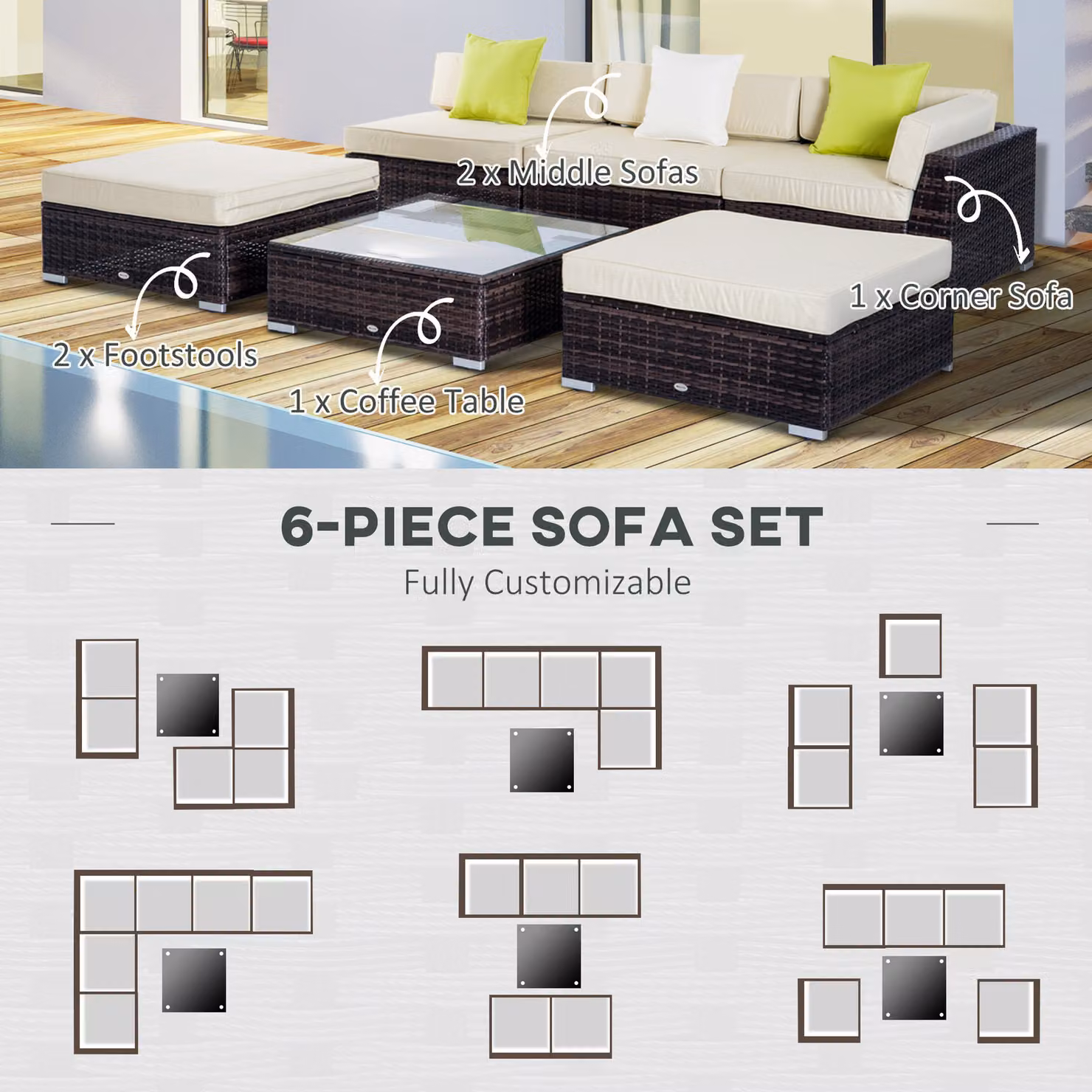 Outsunny 5-Seater Brown Rattan Garden Sofa Set with Coffee Table and Cushions – 5