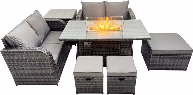 Fimous 7-Seater Rattan Gas Fire Pit Dining Set in Dark Grey with Dark Grey Fabric