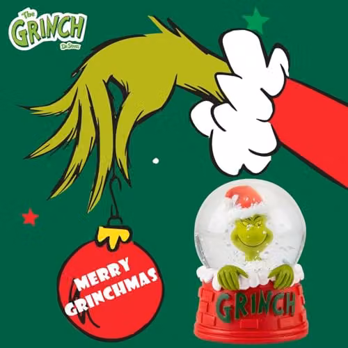 VFM e-Store Grinch Christmas Snow Globe Festive Ornament in Red and Multicolour, H: 14 cm, W: 10 cm, D: 6.5 cm – 5