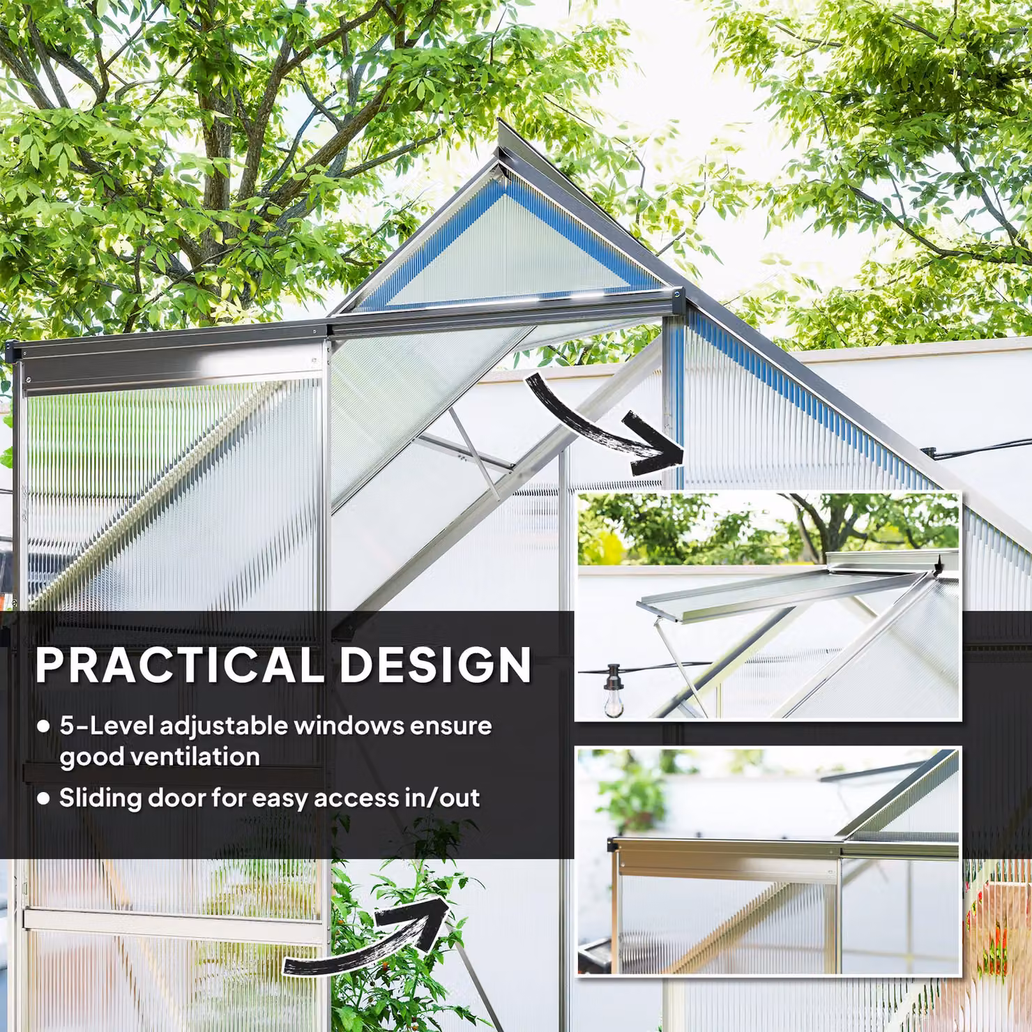 OUTSUNNY Polycarbonate Walk-in Garden Greenhouse with Sliding Door and Windows, Silver Tone – 4