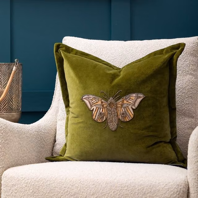 Voyage Maison Luna Velvet Embroidered Feather Filled Cushion in Green and Beige, W/D/H: 50 x 50 x 50 cm