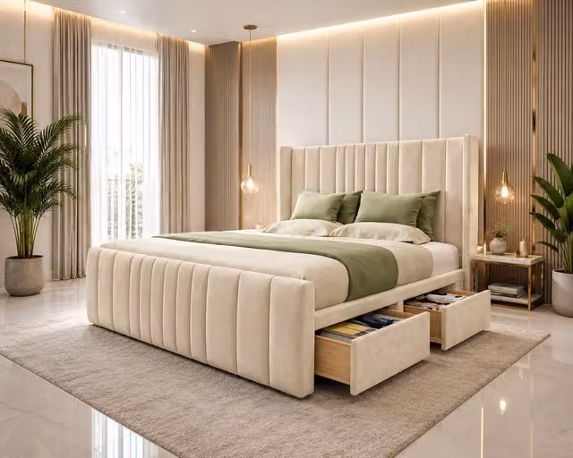 K Mehmood Enterprise Ltd Premium Orthopaedic Divan Bed Set with Drawers and Headboard in Beige Fabric