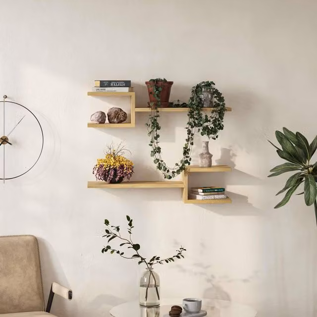 Decortie Fork Modern Floating Shelf Set in Natural Wood, 2 Piece – 1