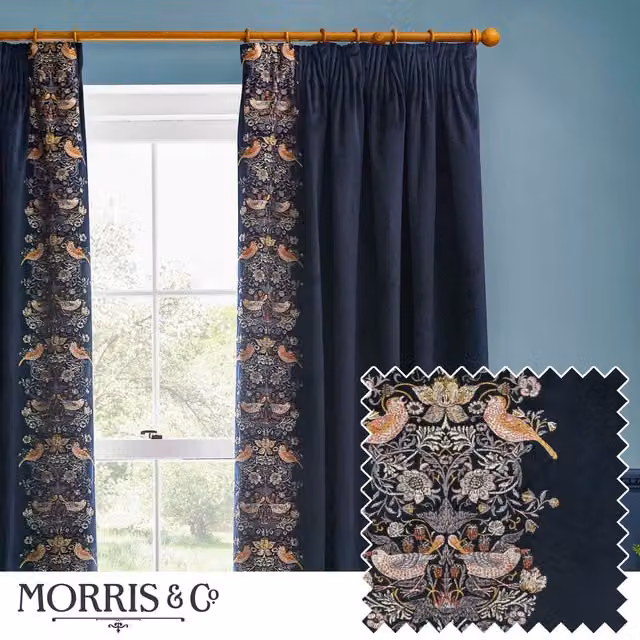 Morris & Co. Strawberry Thief Embroidered Velvet Pencil Pleat Curtains, Indigo, Width: 117 cm, Drop: 137 cm – 1
