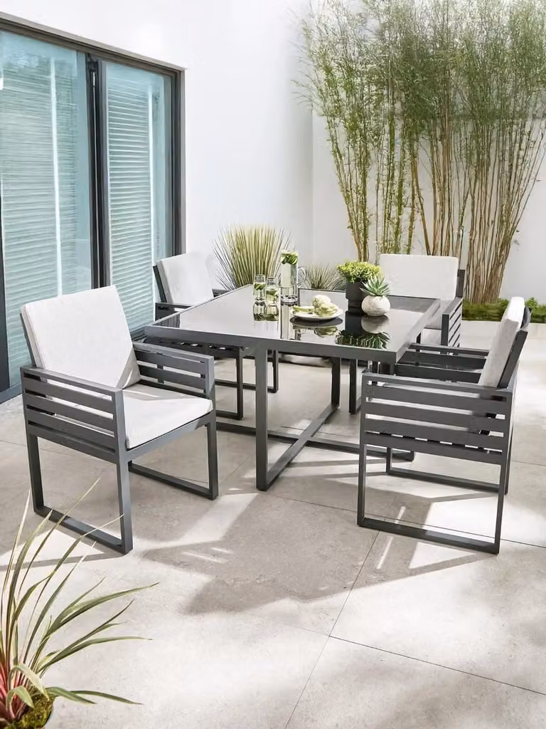 Modern Square Glass and Metal Garden Furniture Set in Grey and Black