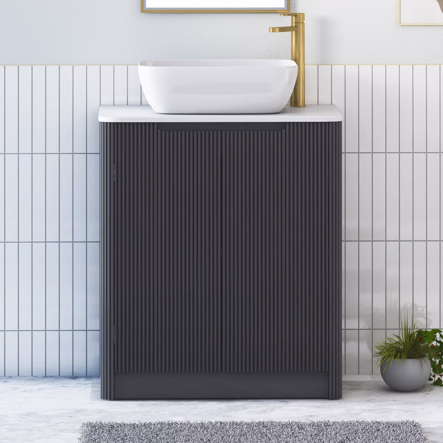 Royal Bathrooms Avenza 600mm Matt Obsidian Black Floor Standing 2 Door Vanity Unit with Plain White Worktop and Elva Basin