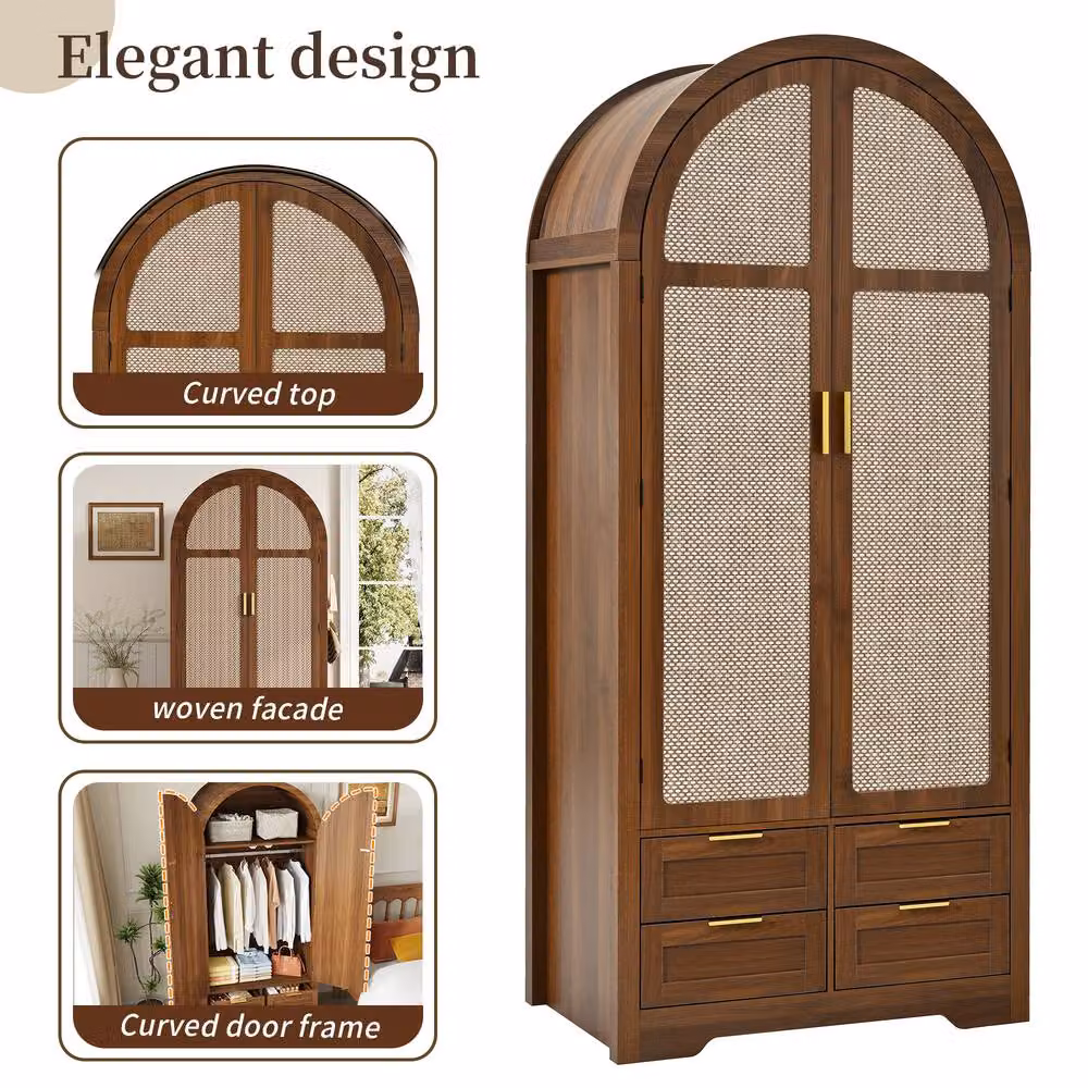 Merax Modern Walnut Double Wardrobe with Rattan Details, Internal Drawers and Hanging Rail, H 180 cm x W 100 cm x D 50 cm – 4