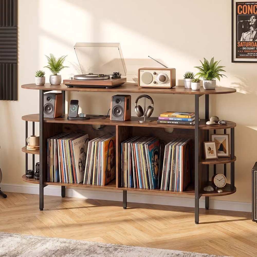 Gymax 3-Tier Brown Vinyl Cabinet and Record Player Stand with Integrated Lighting and Media Compartments – 3