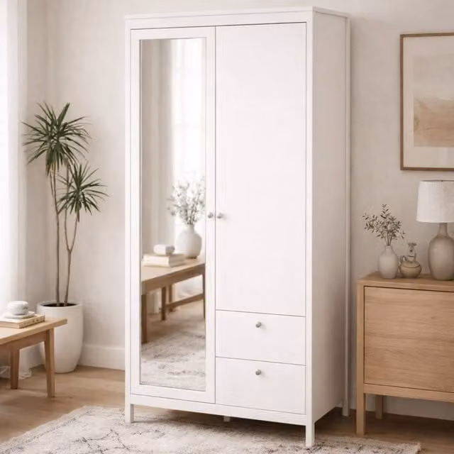 Wyld Haus Gossmere 2 Door Wardrobe with Mirror and 2 Internal Drawers in White Hickory