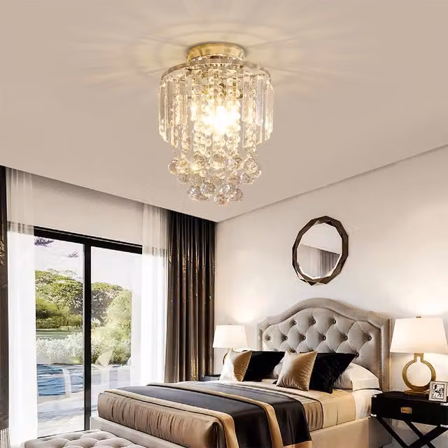 Livingandhome Metal and Crystal Cylinder Ceiling Light in Chrome and Transparent