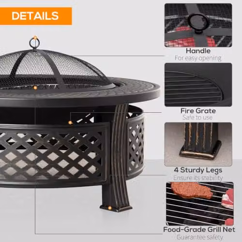 Outsunny Bronze Tone Round Steel Outdoor Fire Pit with Grill Net and Poker, Diameter: 81 cm – 4