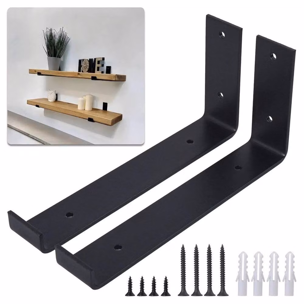 NESTLUNE Set of 6 Heavy Duty Industrial Rustic Shelf Brackets in Matt Black, W: 100 cm, D: 15 cm – 2