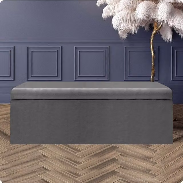 R&M Furnishers Large Plain Safar Storage Ottoman Box in Grey Plush Velvet