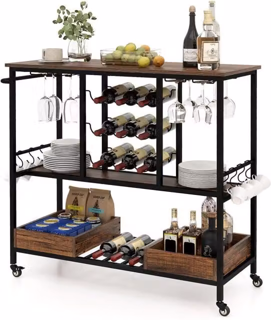 Costway 3 Tier Kitchen Bar Cart with Glass Racks in Brown