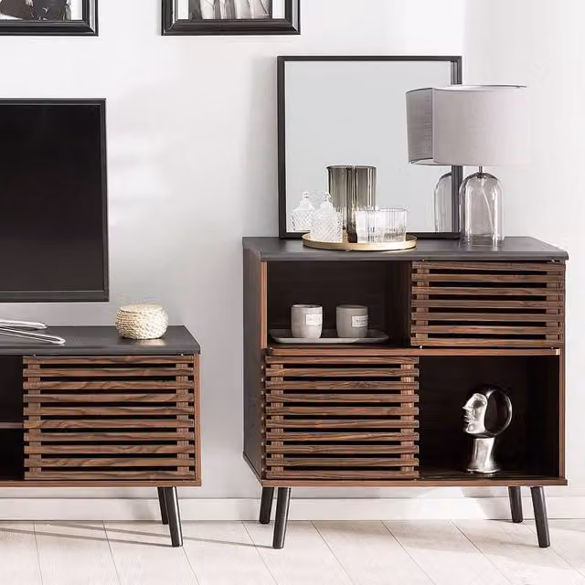Wyld and Coco Everwood Sideboard in Dark Brown with Rustic Sliding Doors, W/D/H: 80 x 40 x 80 cm – 1
