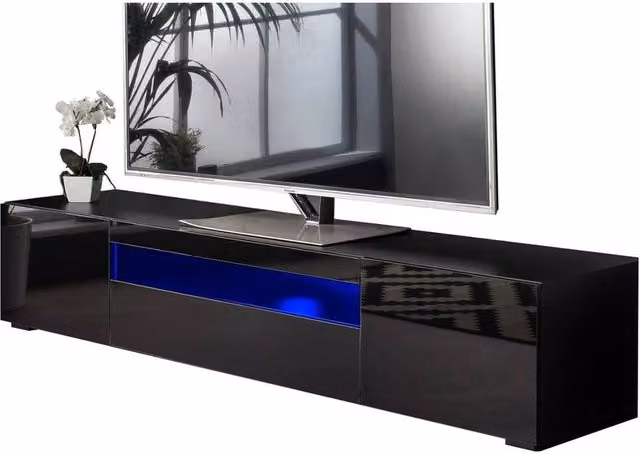 FORGEVIO Modern Black Glossy TV Stand Cabinet with Integrated LED Lights, 200 cm
