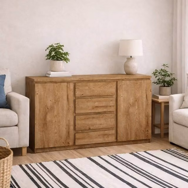 Wyld Haus Hemingway Natural Oak Effect 2 Door 4 Drawer Sideboard in Brown and Beige