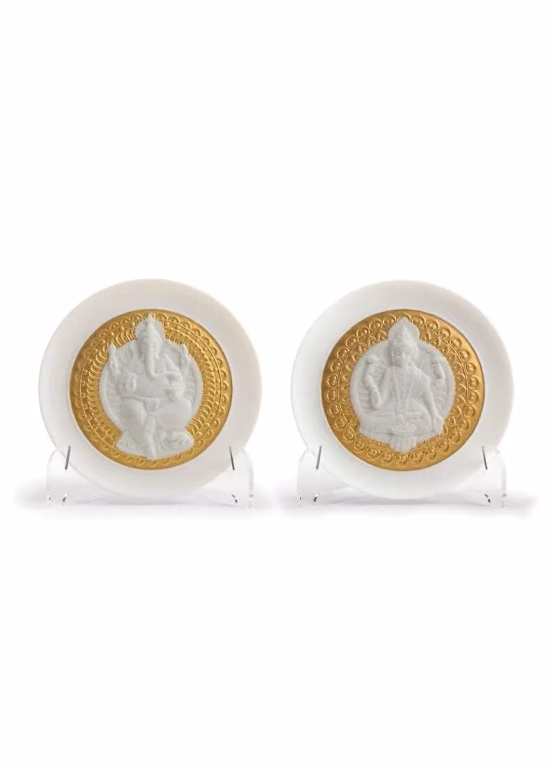 Lladró Goddess Lakshmi and Lord Ganesha Porcelain Plate Set in Gold and White