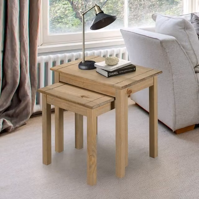 Mews Panama Rustic Waxed Pine Nest of Tables in Brown