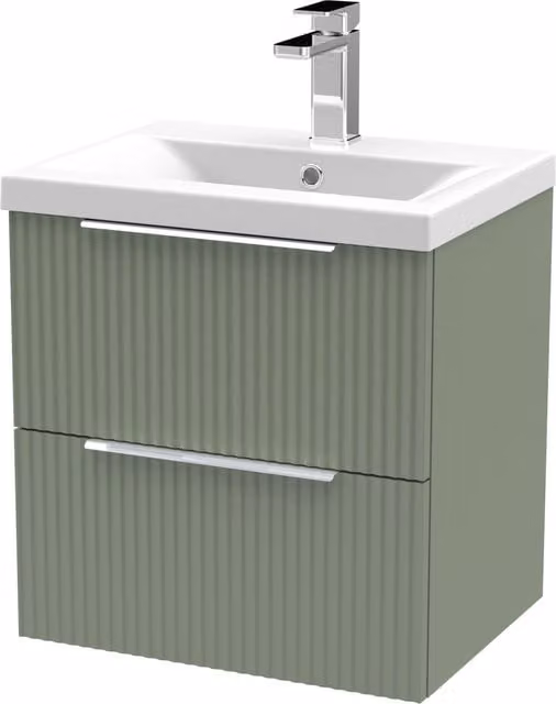 Balterley Fluted Wall Hung 2 Drawer Vanity Basin Unit and Basin, Satin Green, Width: 50 cm – 1