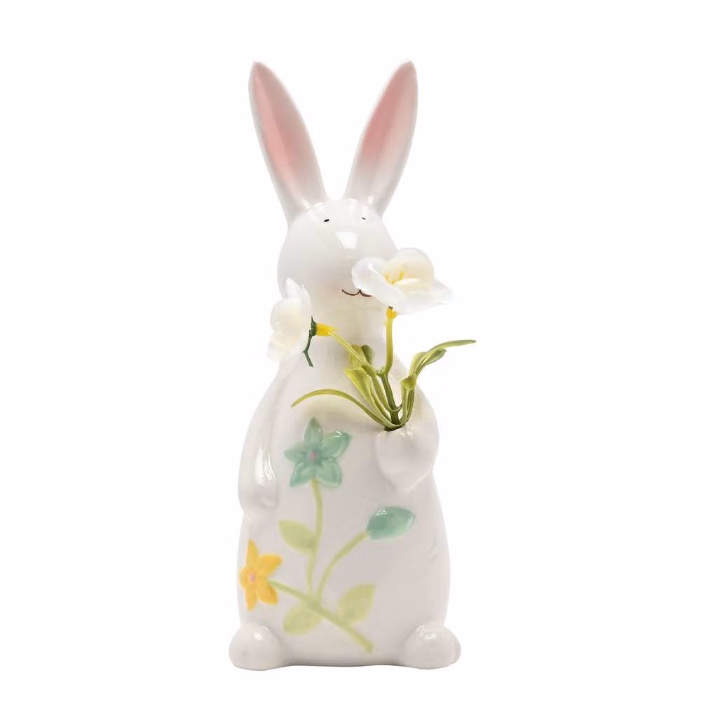 Eggstraordinary Gift Co. Ceramic Bunny Holding Flowers Tabletop Decoration, Multicolour and White, Height: 19 cm – 2