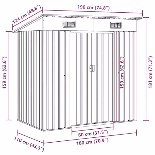 vidaXL Pent Garden Storage Shed in Brown Steel, W/D/H: 194 x 121 x 181 cm – 2