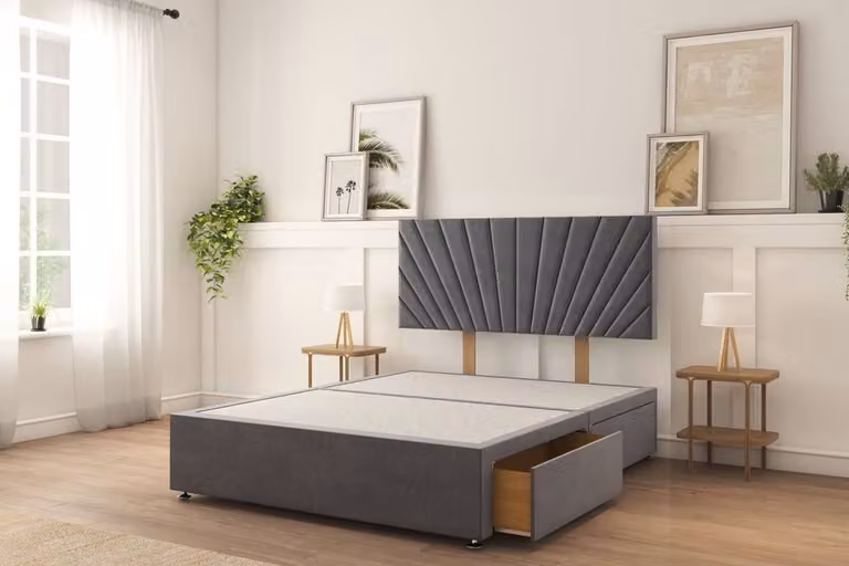 Sloomy Kingsley Plush Divan Bed Set with 2 Drawers and 26 inch Strutted Headboard, Dark Grey, W/D/H: 200 x 200 cm