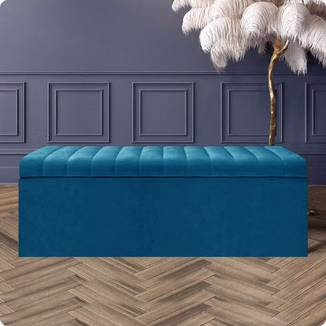 R&M Furnishers Safar Ottoman Storage Box, Emerald Green Striped Plush Velvet Upholstered Blanket Chest and End of Bed Bench