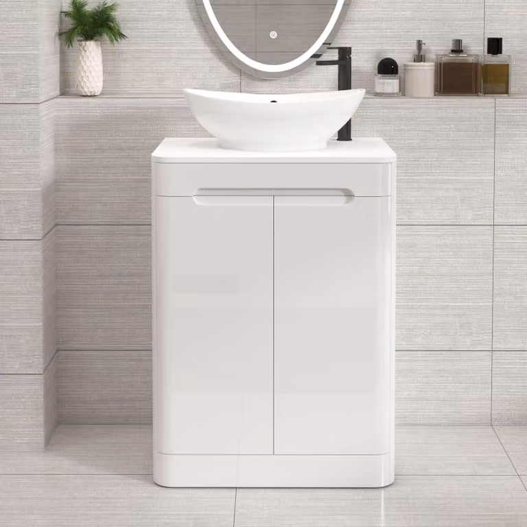 Royal Bathrooms Venice 600mm Gloss White Floor Standing 2 Door Vanity Unit with Plain White Worktop and Amaze Basin