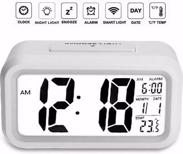 NESTLUNE Digital LED Alarm Snooze Clock with Night Light and Thermometer, White, W: 100 cm, D: 15 cm, H: 15 cm – 1