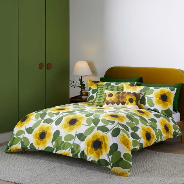 Orla Kiely Giant Water Lily Cotton Percale Duvet Cover Bedding Set in Lemon Twist Yellow and Green