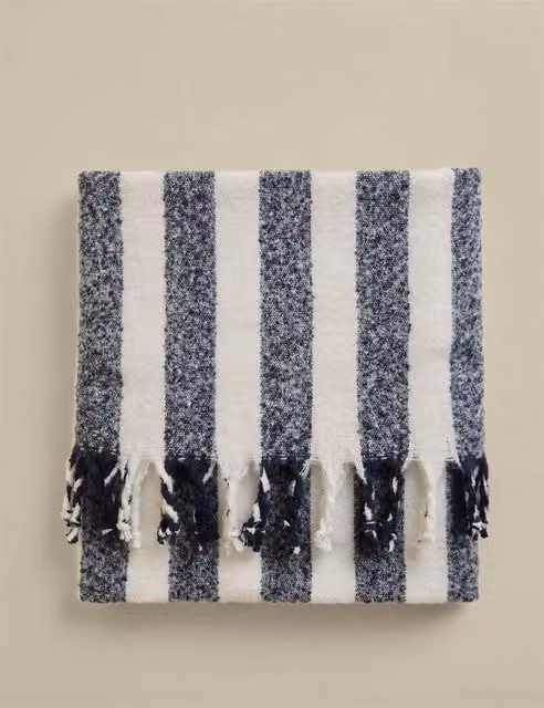 M&S Blue Striped Faux Mohair Throw with Fringes