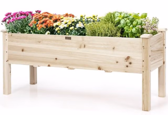 COSTWAY Rustic Wooden Raised Plant Bed for Herb, Vegetable or Ornamental Gardens in Brown and Beige