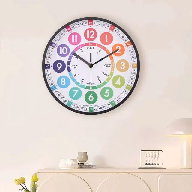 EONLION Black and Multicolour Round Silent Learning Wall Clock for Children with Quartz Movement, Diameter: 25 cm