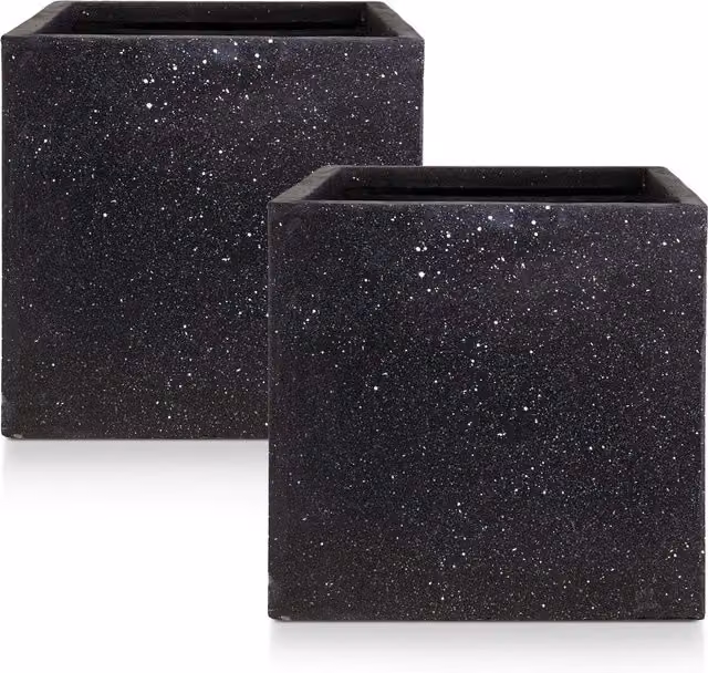 Idealist Set of 2 Square Planters in Black Terrazzo Stone and Ceramic