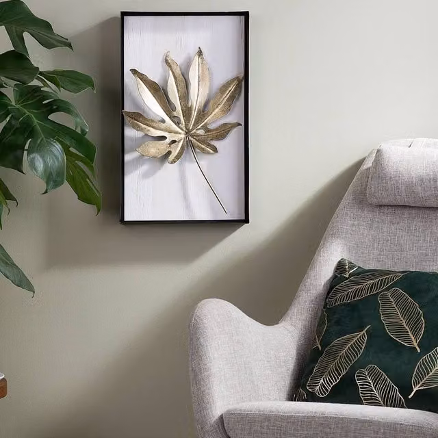 Wyld and Coco Gold Leaf Metal Wall Art - Modern Rectangular Floral Botanical Decor in White and Gold – 1
