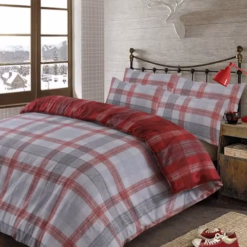 Dreamscene Boston Check Reversible Brushed Cotton Flannelette Duvet Cover and Pillowcase Set, Red, Grey and Silver, W/D/H: 180 x 200 cm, Pillowcase: 50 x 75 cm – 2