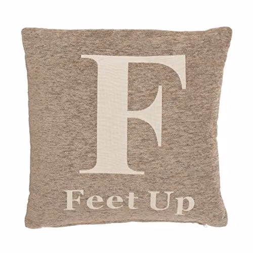 Orsina Feet Up Words Chenille Cushion in Beige and White, W/D/H: 45 x 45 x 45 cm