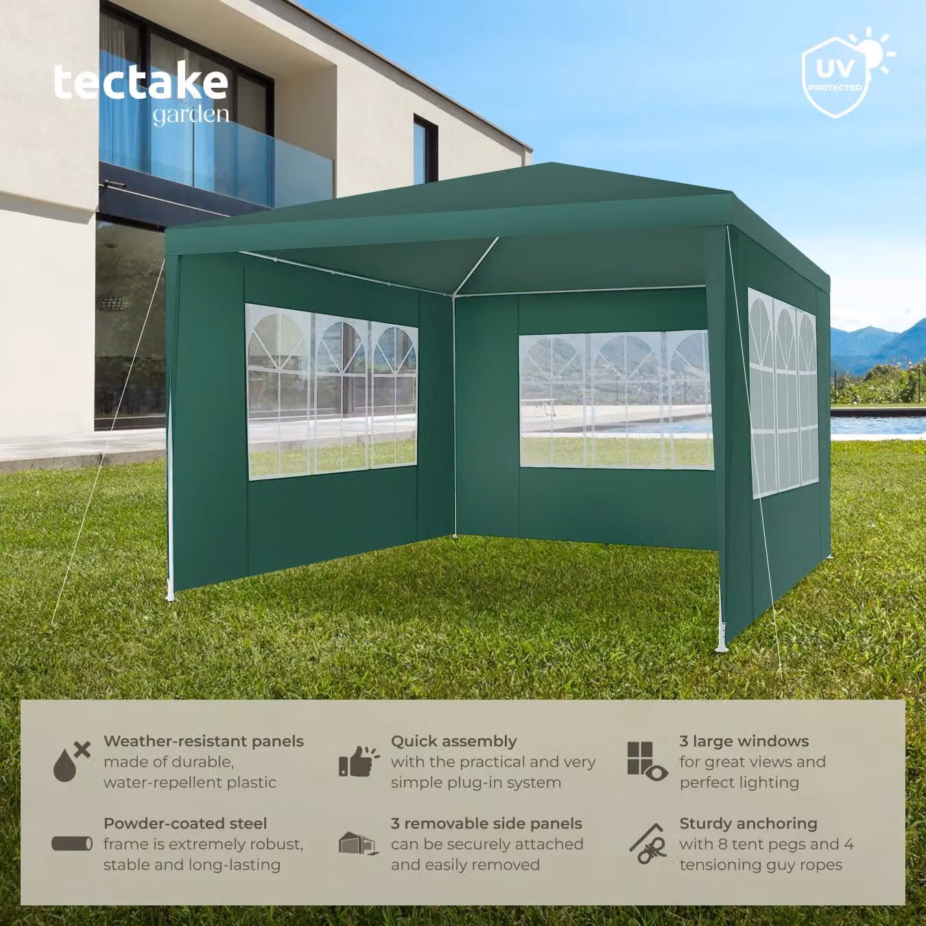 tectake Gazebo Barinas Green with 3 Side Panels and Windows, W/D/H: 300 x 300 x 250 cm – 2