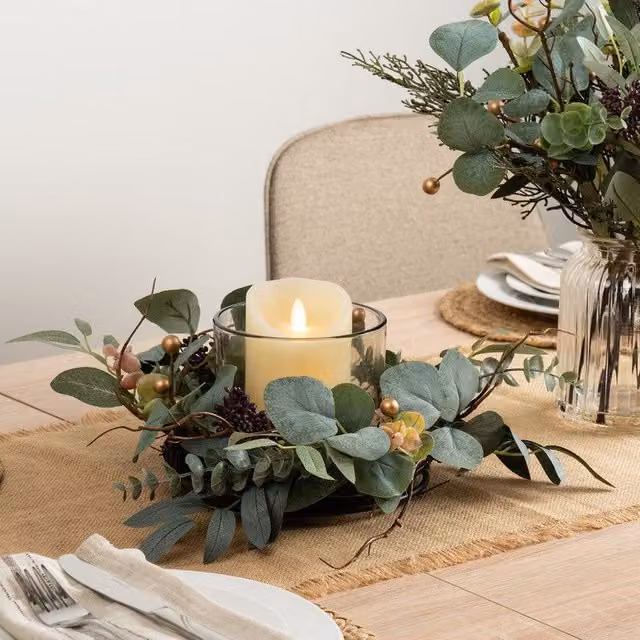 Scottish Everlastings Ltd Rustic Eucalyptus Green Glass Pillar Candle Holder, Height: 30 cm