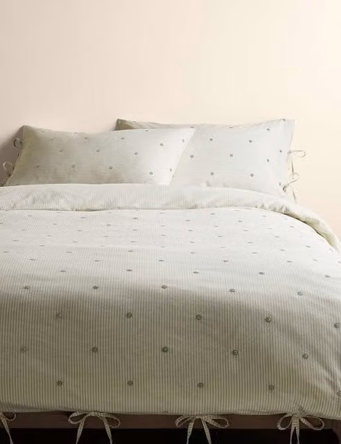 M&S Pure Cotton Striped Embroidered Bedding Set, Green, W: 140 cm, L: 200 cm