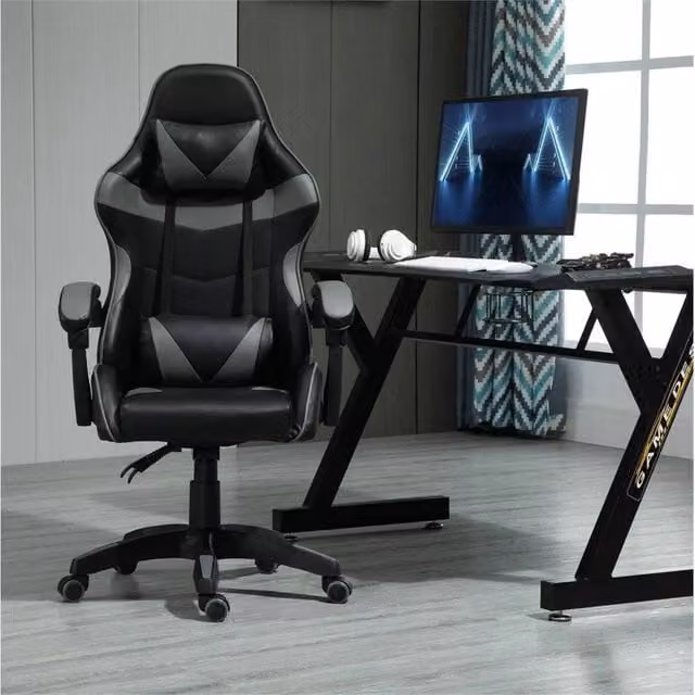 Nordara Grey Faux Leather Swivel Gaming Chair with Headrest and Armrests for Home Office and Sports Desk