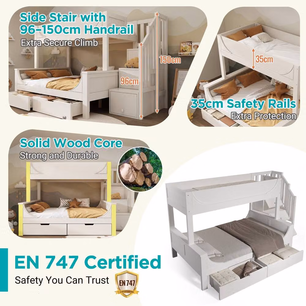 Rolipo Kids White Solid Wood Staircase Bunk Bed with Storage Drawers, W/D/H: 90 x 190 cm – 3