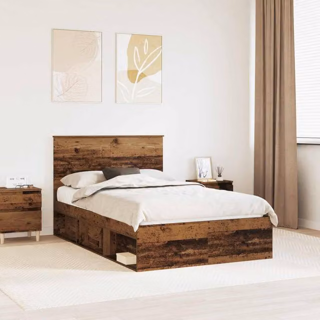 Berkfield Home Bed Frame with Headboard in Brown Old Wood, W/D/H: 120 x 200 cm – 1
