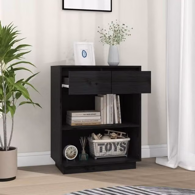 Berkfield Home Beautiful Console Cabinet in Black Solid Pine Wood, W/D/H: 60 x 34 x 75 cm
