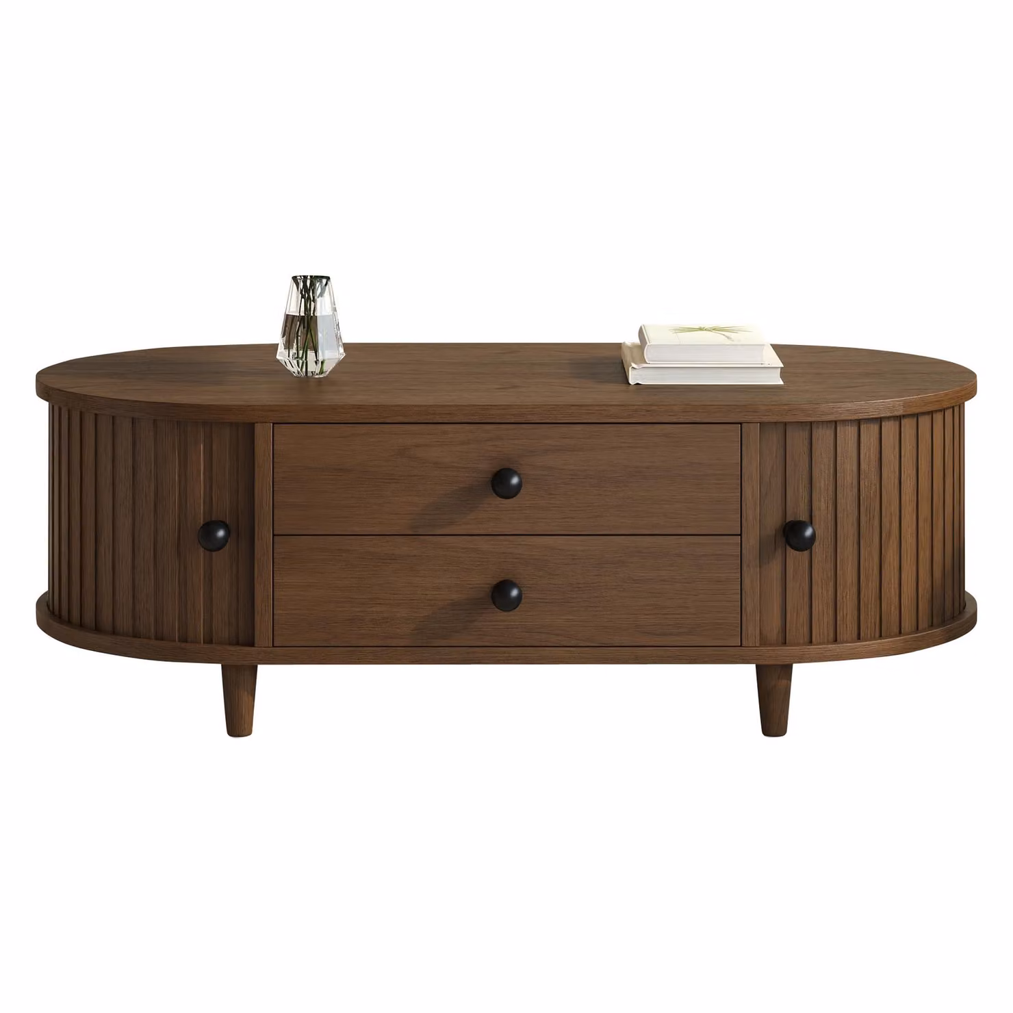 Aosom UK Oval Coffee Table with Sliding Roll-Top Doors and Two Drawers, Walnut Brown, W: 100 cm, D: 50 cm, H: 36 cm – 2