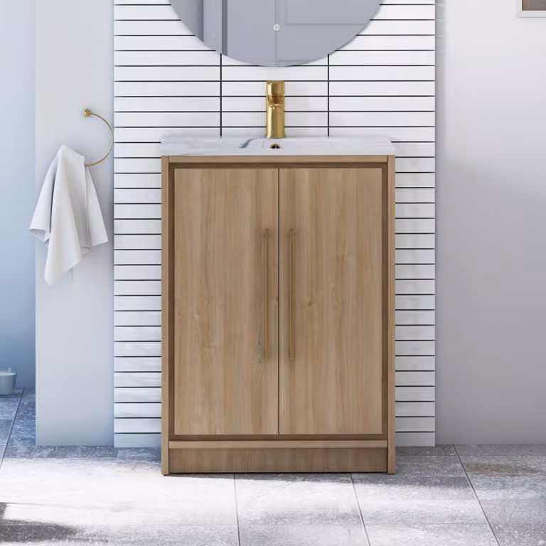Royal Bathrooms Livora 600mm Natural Oak Floor Standing 2 Door Vanity Unit with Carrara White Basin and Brushed Brass Handle