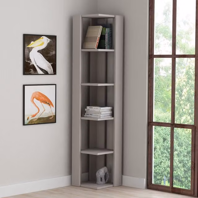 Decortie Nati Modern Corner Bookcase Display Unit in Grey and Brown, W/D/H: 34 x 34 x 161 cm